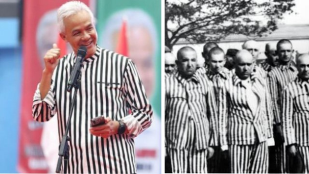 Kolase gambar Ganjar Pranowo mengenakan seragam kampanye dengan gambar tahanan Nazi. Foto: ist