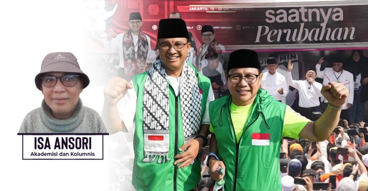 Kolase gambar pasangan AMIN Anies Baswedan dan Cak Imin saat mengisi kegiatan temu relawan dan kader dengan Isa Ansori (insert). Foto: kba