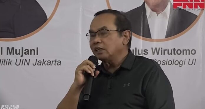 Syaiful Muzani yang dikenal pendiri Lembaga survei SMRC hadir sebagai pembicara diskusi publik mengawali tahun 2024 bertajuk Situasi Sosial Dan Kebathinan Masyarakat Jelang Pilpres 2024 yang digelar KAMI di Kantor KAMI, Jakarta, Kamis (11/1/2024). Foto: jakartasatu