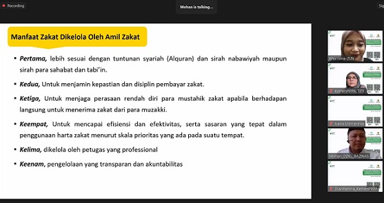 Tangkapan layar aplikasi video conference sosialisasi zakat pegawai di lingkungan KemenPPPA dibuka Wakil Ketua BAZNAS RI Mokhamad Mahdum, Sekretaris KemenPPPA RI Titi Eko Rahayu, Kepala Divisi Pengumpulan Zakat Karyawan Mohan secara daring (dalam jaringan) atau online melalui link zoom Jumat (14/3/2025). Foto: humas Baznas